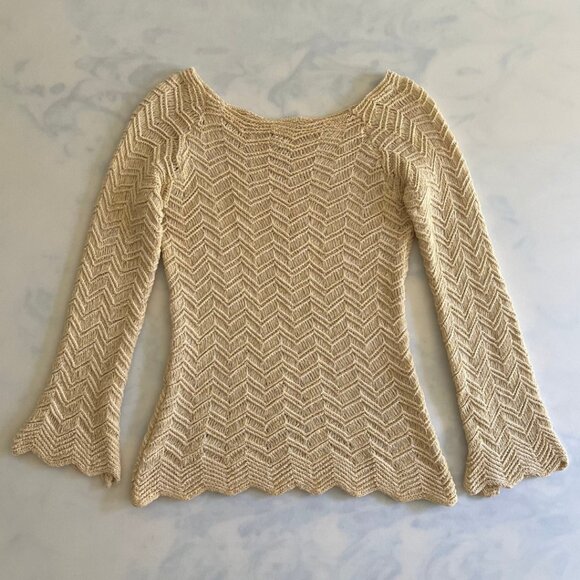 BBB Retro Knit Cream & Gold Bell Sleeve Boho Top - Picture 1 of 6